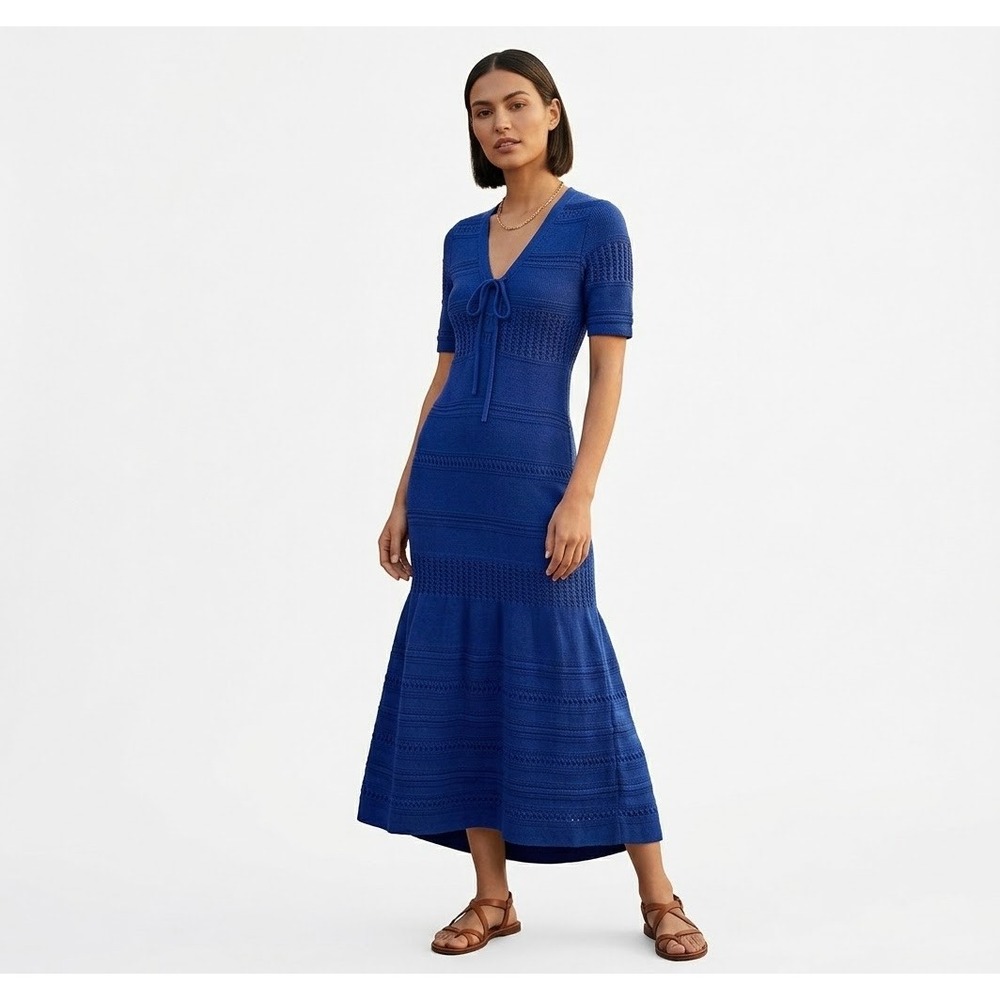 Nina Leonard Royal Blue Crochet Knit Maxi Dress Short Sleeve Lace Up V-Neck S
